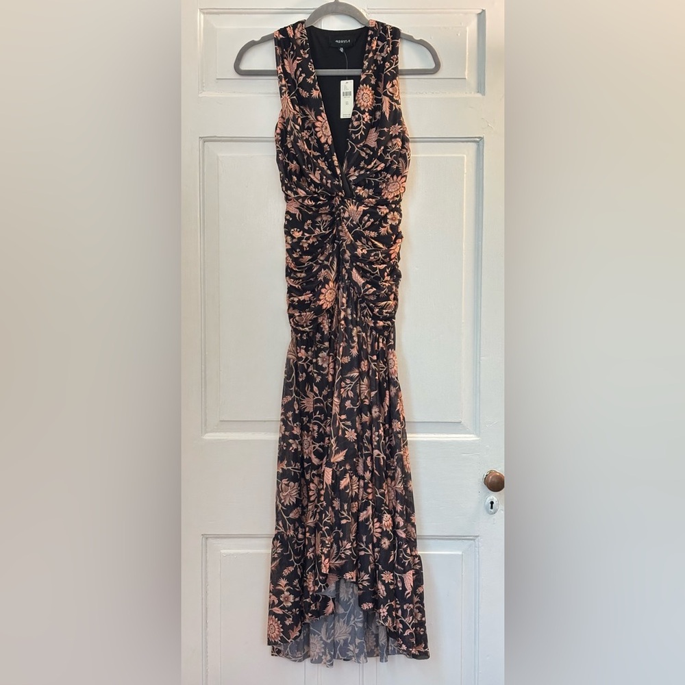 Anthropologie 4SI3NNA V-Neck Mesh Ruched Sleeveless Midi Dress, size XS